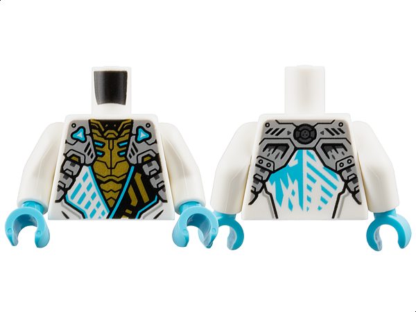 Torso Armored Tunic with Light Bluish Gray Shoulder Panels, Medium Azure Trim and Gold Ninjago Logogram Letter Z over Chest Armor, Ice Dragon Logo on Back Pattern / White Arms / Medium Azure Hands