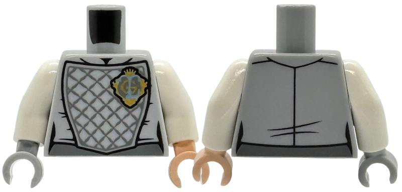 Torso Armor with Dark Bluish Gray Lattice Padding, Gold Crest Badge with Crown and Capital Letter G Pattern / White Arms / Light Bluish Gray Hand Left / Light Nougat Hand Right