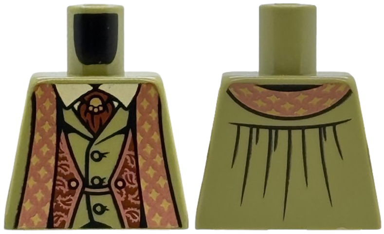 Torso Jacket with Copper Trim with Gold Stars over Vest with Buttons and Tan Shirt, Reddish Brown Tie with Pin Pattern