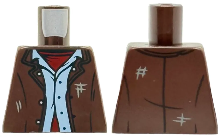 Torso Jacket Open with Buttons and Scuff Marks over Bright Light Blue Shirt and Dark Red Undershirt Pattern