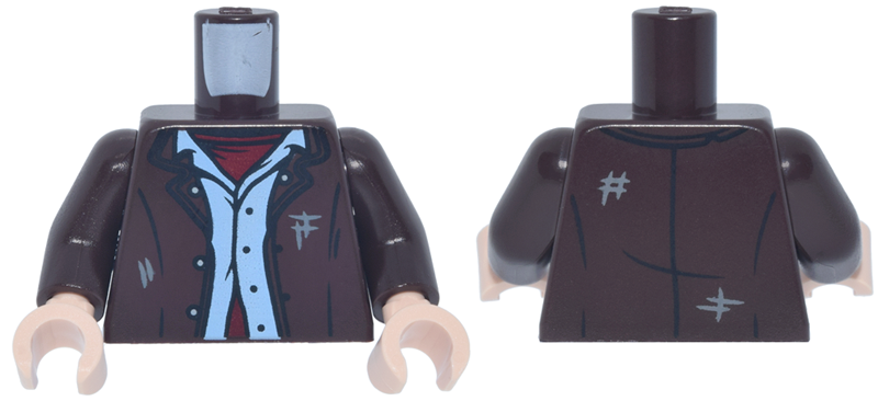 Torso Jacket Open with Buttons and Scuff Marks over Bright Light Blue Shirt and Dark Red Undershirt Pattern / Dark Brown Arms / Light Nougat Hands