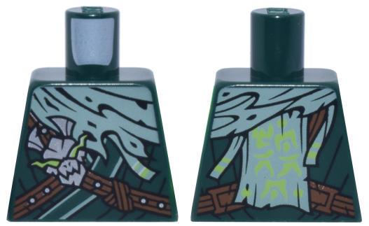 Torso Tunic with Reddish Brown Straps, Silver Dragon Head, Sand Green Torn Wrap and Lime Ninjago Logogram 'MORRO' Pattern