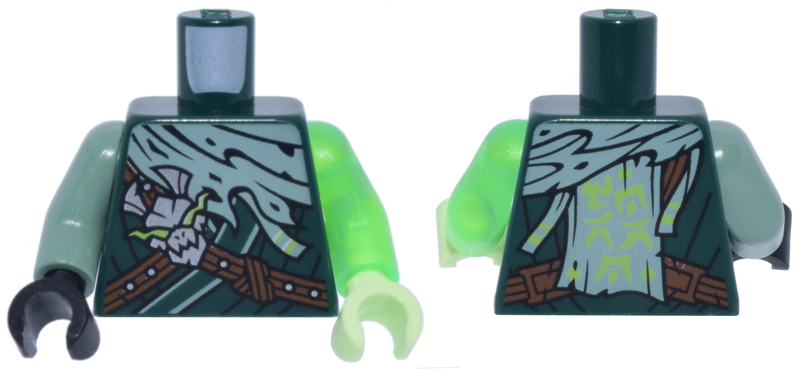 Torso Tunic with Reddish Brown Straps, Silver Dragon Head, Sand Green Torn Wrap and Lime Ninjago Logogram 'MORRO' Pattern /  Trans-Bright Green Arm Left / Sand Green Arm Right / Yellowish Green Hand Left / Black Hand Right