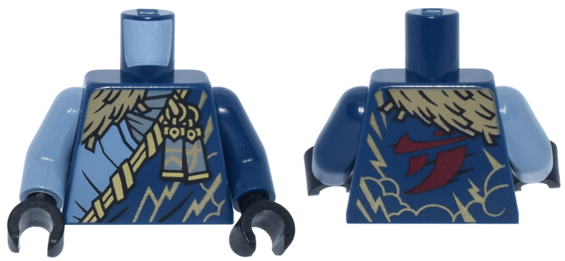 Torso Tunic with Gold Trim, Charms and Lightning, Dark Tan Wrap, Dark Red Ninjago Logogram 'J' Pattern / Dark Blue Arm Left / Sand Blue Arm Right / Black Hands