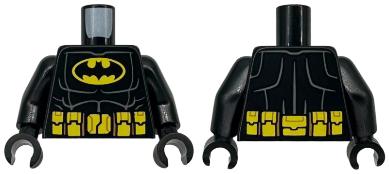 Torso Batman Suit with Bat in Yellow Oval Logo, Utility Belt with Pouches and Medium Nougat Details, Dark Bluish Gray Muscles Outline Pattern / Black Arms / Black Hands