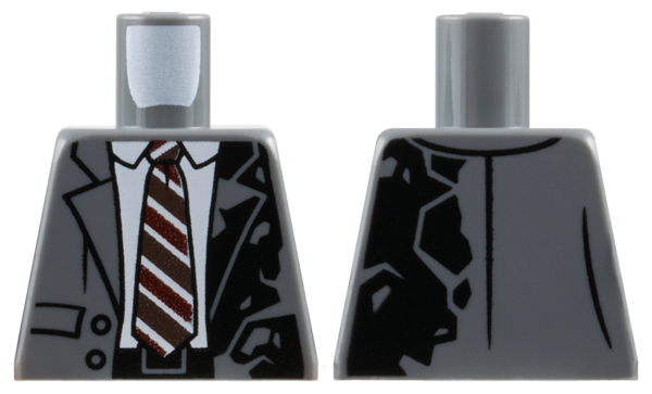 Torso Suit Jacket Open with Pockets, Buttons and Burned Left Side over White Shirt, Tie with Dark Red and Dark Brown Stripes, Black Belt Pattern