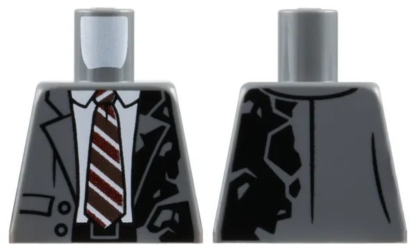 Torso Suit Jacket Open with Pockets, Buttons and Burned Left Side over White Shirt, Tie with Dark Red and Dark Brown Stripes, Black Belt Pattern