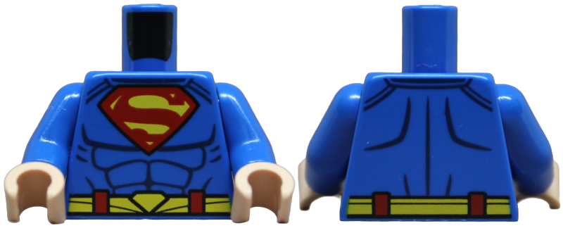 Torso Super Hero Costume with Dark Blue Muscles Outline, Red and Yellow Superman 'S' Logo, Belt with Hexagonal Clasp Pattern / Blue Arms / Light Nougat Hands