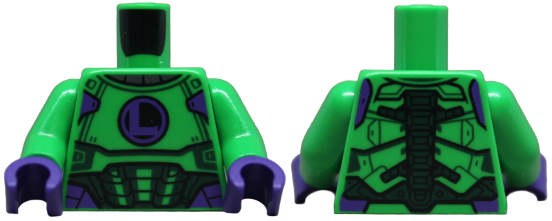 Torso Armor Panels with Dark Green Trim and Dark Purple Capital Letter L on Black Circle, Mechanical Spine on Back Pattern / Bright Green Arms / Dark Purple Hands