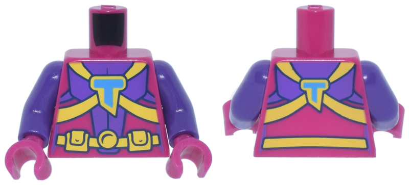 Torso Female Flight Suit with Dark Purple Panels, Yellow Harness Straps with Dark Azure Capital Letter T, Utility Belt with Pouches Pattern / Dark Purple Arms / Magenta Hands