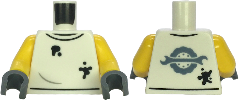 Torso Shirt with Black Oil Stains, Sand Blue Spanner Wrench and Wheel with Tire Logo on Back Pattern / Yellow Arms / Dark Bluish Gray Hands