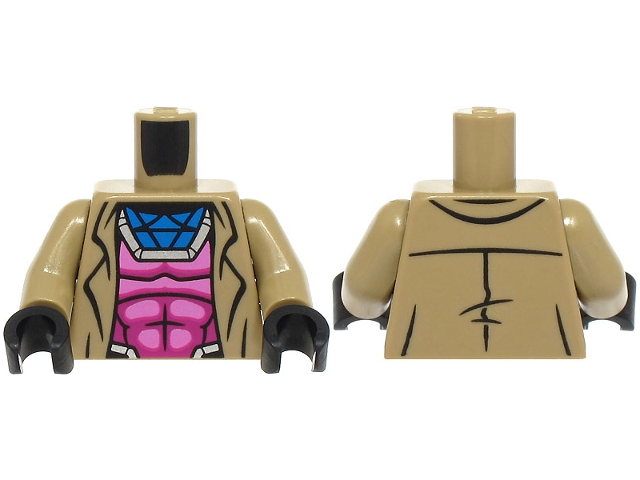 Torso Jacket Open over Dark Pink and Magenta Super Hero Costume with Muscles Outline, Silver and Blue Collar Pattern / Dark Tan Arms / Black Hands