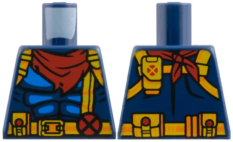 Torso Super Hero Costume with Blue Muscles, Harness and Belt with Pouches, Buckle and X-Men Logo, Red Neckerchief Scarf Pattern