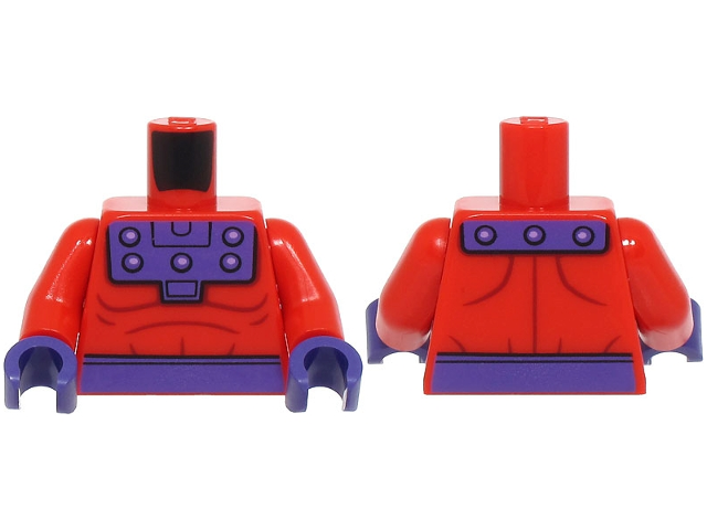 Torso Super Hero Costume with Dark Red Muscles Outline, Dark Purple Belt and Collar with Medium Lavender Rivets Pattern / Red Arms / Dark Purple Hands