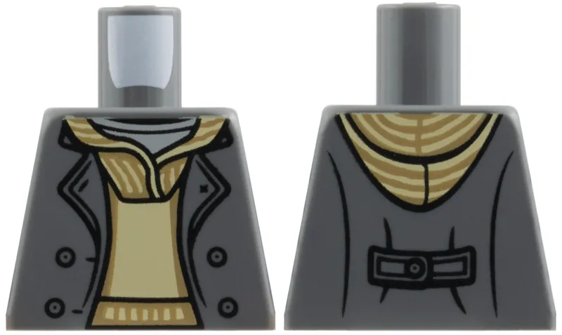 Torso Jacket Open with Buttons over Tan Hoodie with Dark Tan Stripes and Light Bluish Gray Shirt Pattern