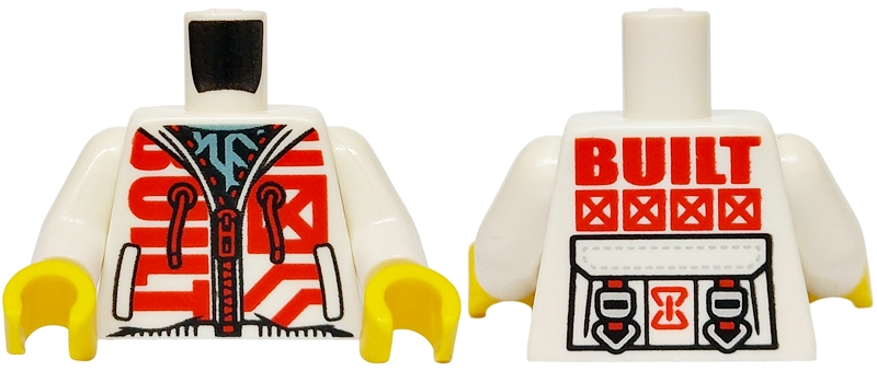 Torso Hoodie with Red Zipper, Drawstrings and 'BUILT', Metallic Light Blue Shirt, Harness Straps on Back Pattern / White Arms / Yellow Hands