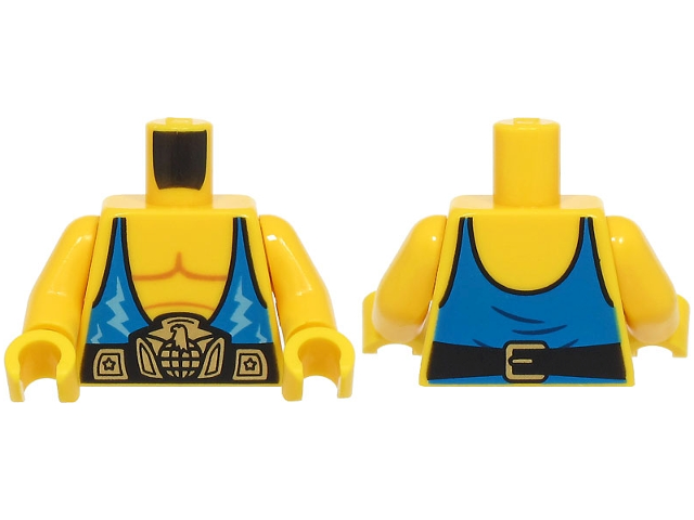 Torso with Muscles Outline, Blue Tank Top with Medium Blue Lightning Bolts, Black and Gold Wrestling Belt Pattern (BAM) / Yellow Arms / Yellow Hands