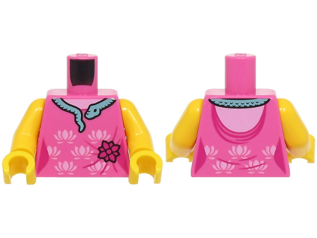 Torso Female Dress with Magenta and Bright Pink Flowers, Metallic Light Blue Snake Collar Pattern (BAM) / Yellow Arms / Yellow Hands