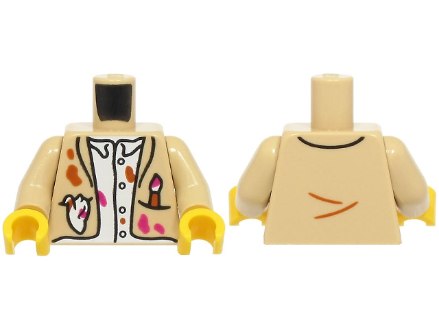 Torso Jacket Open with Paint Brush and Rag in Pockets, White Shirt, Magenta and Dark Orange Splotches Pattern (BAM) / Tan Arms / Yellow Hands