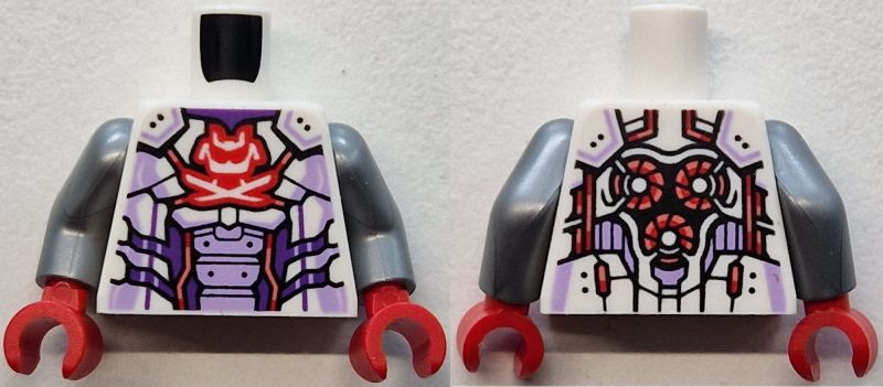 Torso Armor with Lavender Highlights and Abdomen Panels, Red and Coral Trim, Samurai Helmet and Crossed Swords Logo, Dark Purple Stomach and Neck, Circles with Fans on Back Pattern / Flat Silver Arms / Red Hands