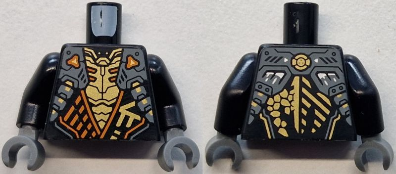 Torso Armored Tunic with Dark Bluish Gray Shoulder Panels, Orange Trim and Gold Ninjago Logogram Letter C over Chest Armor, Earth Dragon Logo on Back Pattern / Black Arms / Dark Bluish Gray Hands