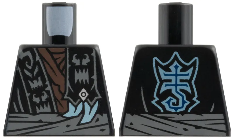 Torso Robe with Monster Faces on Hem over Dark Brown Tattered Layered Shirt, Shoulder Wrap with Silver Diamond and Metallic Light Blue Claws, Dark Bluish Gray Waist Sash, Stylized Scorpion Logo on Back Pattern