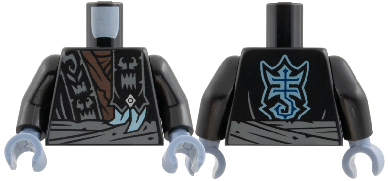 Torso Robe with Monster Faces on Hem over Dark Brown Tattered Layered Shirt, Shoulder Wrap with Silver Diamond and Metallic Light Blue Claws, Dark Bluish Gray Waist Sash, Stylized Scorpion Logo on Back Pattern / Black Arms / Sand Blue Hands