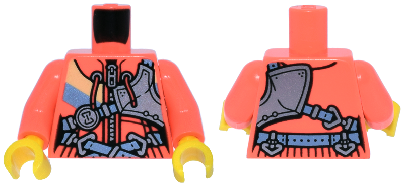 Torso Female Hoodie with Drawstrings, Zipper and Bright Light Yellow and Metallic Light Blue Stripes, Silver Shoulder Armor, Straps with Buckles Pattern / Coral Arms / Yellow Hands