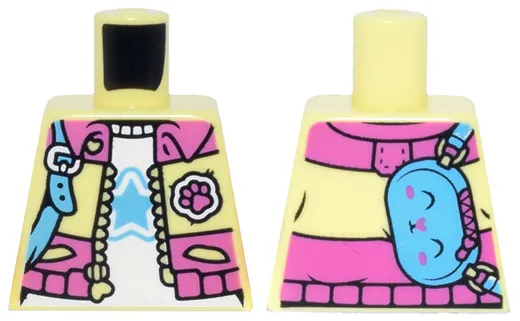 Torso Jacket Open with Pockets, Heart Zipper and Dark Pink Collar, Waistband Panel and Paw Print Patch over White Shirt with Medium Blue Star, Bunny / Rabbit Shoulder Bag with Strap and Buckle Pattern