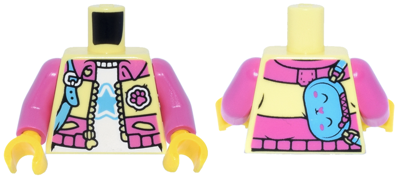 Torso Jacket Open with Pockets, Heart Zipper and Dark Pink Collar, Waistband Panel and Paw Print Patch over White Shirt with Medium Blue Star, Bunny / Rabbit Shoulder Bag with Strap and Buckle Pattern / Dark Pink Arms / Yellow Hands