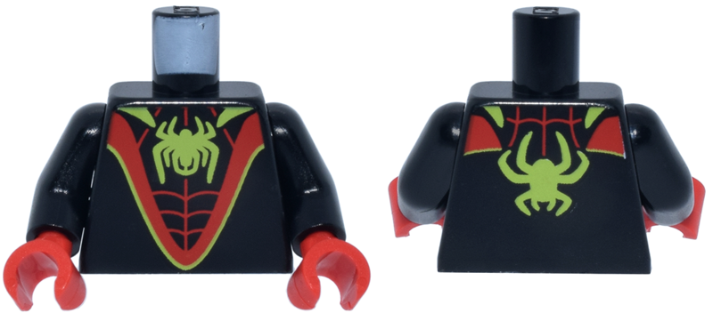 Torso Super Hero Costume with Red V-Shaped Stripe and Webbing, Lime Spider and Trim Pattern / Black Arms / Red Hands