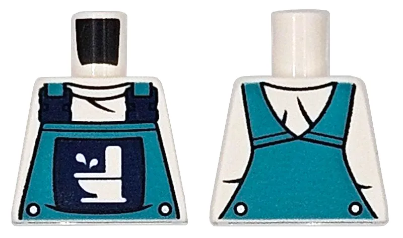 Torso Dark Turquoise Overalls with Toilet Logo, Dark Blue Buckles and Silver Buttons over Shirt Pattern