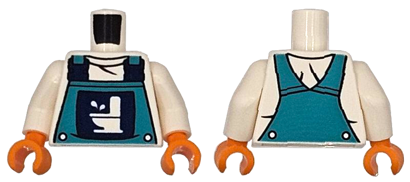 Torso Dark Turquoise Overalls with Toilet Logo, Dark Blue Buckles and Silver Buttons over Shirt Pattern / White Arms / Orange Hands