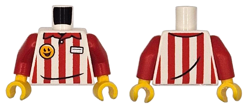Torso Shirt with Button and Red Vertical Stripes and Collar, Silver Name Tag, Yellow Smiley Face Pin Pattern / Red Arms / Yellow Hands