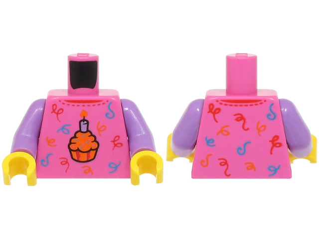 Torso Shirt with Birthday Cupcake with Medium Lavender Candle, Red, Orange and Dark Azure Scrolls Pattern (BAM) / Medium Lavender Arms / Yellow Hands