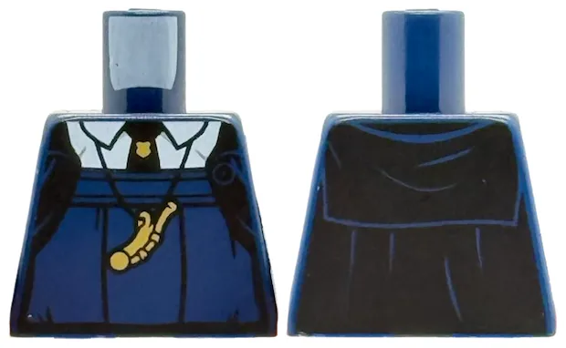 Torso Black Cloak Open over Blouse and White Shirt with Collar, Tie with Gold Pin, Necklace with Large Whistle Pattern