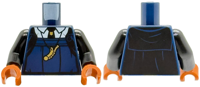 Torso Black Cloak Open over Blouse and White Shirt with Collar, Tie with Gold Pin, Necklace with Large Whistle Pattern / Black Arms / Dark Orange Hands