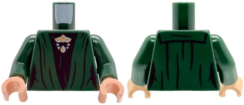 Torso Female Robe with Gathers over Black Dress, Gold, Metallic Light Blue and Silver Brooch Pattern / Dark Green Arms / Light Nougat Hands