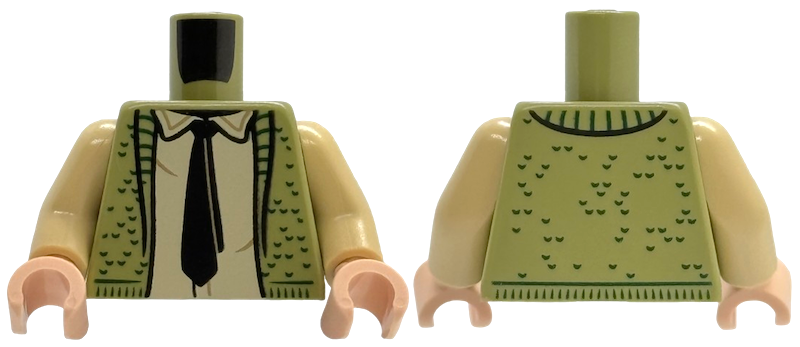Torso Knit Vest Open with Lapels and Dark Green Trim, Tan Shirt with Collar, Black Tie Pattern / Tan Arms / Light Nougat Hands