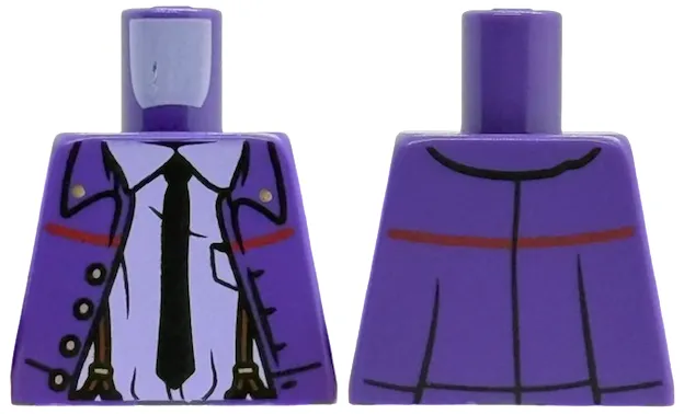 Torso Jacket Open with Gold Buttons and Red Stripe, Lavender Shirt with Collar, Black Tie, Reddish Brown Suspenders Pattern
