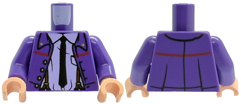 Torso Jacket Open with Gold Buttons and Red Stripe, Lavender Shirt with Collar, Black Tie, Reddish Brown Suspenders Pattern / Dark Purple Arms / Light Nougat Hands