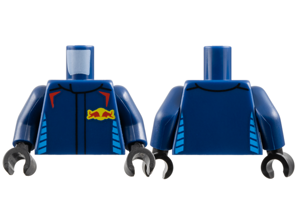 Torso Racing Suit with Chevrons on Shoulders, Dark Azure Broken Stripes on Sides, Red and Yellow Red Bull Logo Pattern / Dark Blue Arms / Black Hands