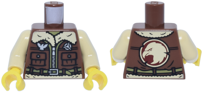 Torso Aviator Bomber Vest with Pockets, Silver Zipper, Tan Fur Collar and Lining, Olive Green Belt with Buckle, Pins, Eagle Head on Dark Red Circle on Back Pattern / Tan Arms / Yellow Hands