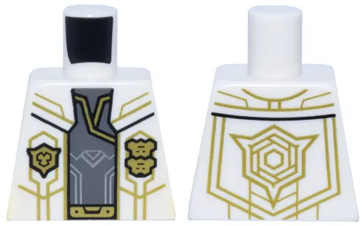 Torso Lab Coat Open with Gold Geometric Lines, Badges and Hexagon Emblem over Dark Bluish Gray Robe with Buckle Pattern