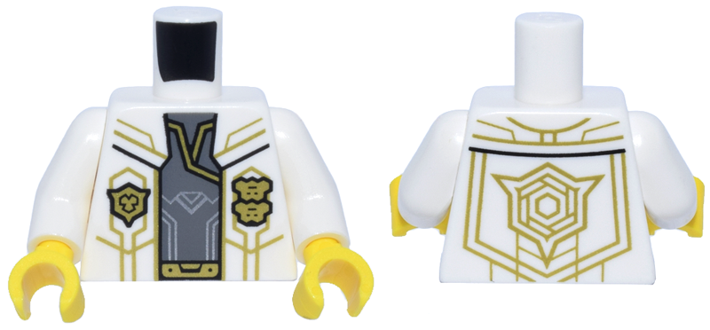 Torso Lab Coat Open with Gold Geometric Lines, Badges and Hexagon Emblem over Dark Bluish Gray Robe with Buckle Pattern / White Arms / Yellow Hands
