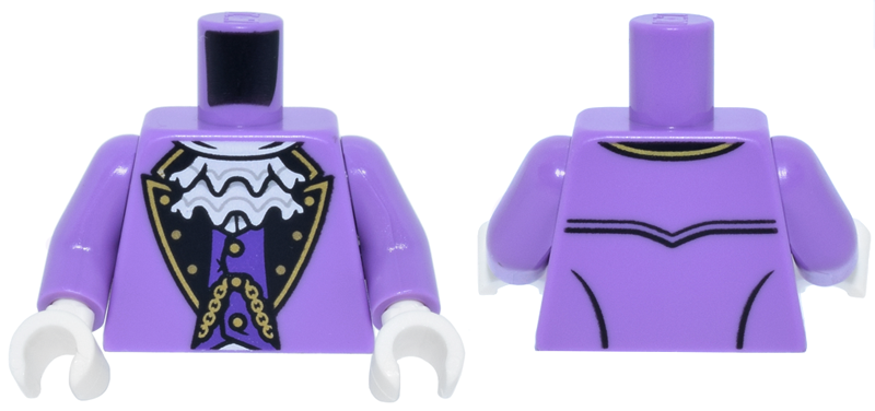 Torso Suit Jacket Open with Black Lapels and Gold Trim, Dark Purple Vest with Buttons and Chain, White Shirt with Jabot Frills Pattern / Medium Lavender Arms / White Hands