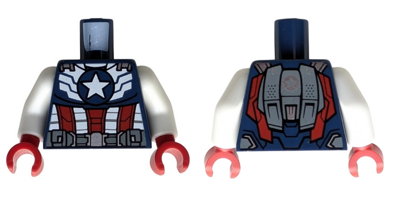Torso Armor with White Star, Stripes and Abdomen with Red Panels, Dark Bluish Gray Belt with Pouches and Silver Buckle, Jet Pack on Back Pattern / White Arms / Red Hands
