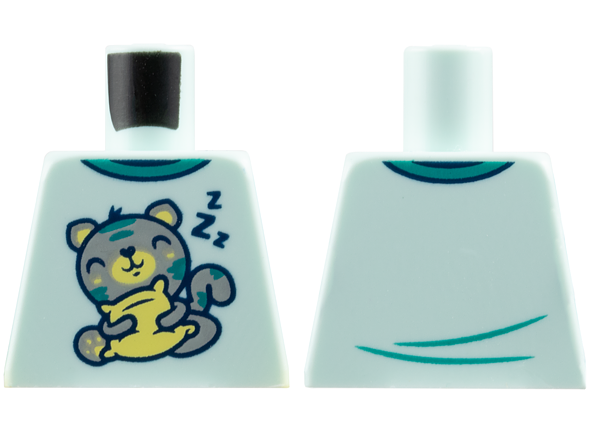 Torso Pajama Shirt with Dark Turquoise Collar, Light Bluish Gray Sleeping Cat with Bright Light Yellow Pillow, Dark Blue 'ZZZ' Pattern