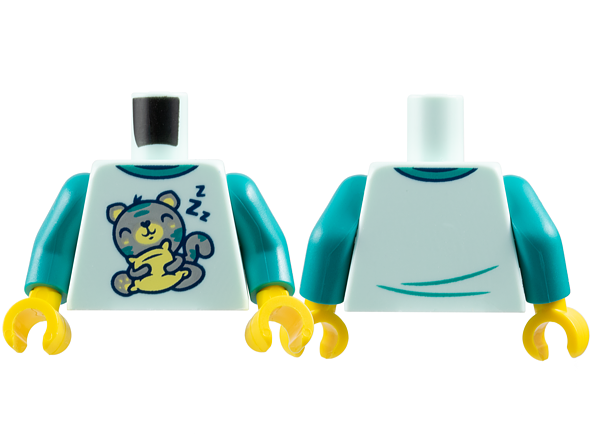 Torso Pajama Shirt with Dark Turquoise Collar, Light Bluish Gray Sleeping Cat with Bright Light Yellow Pillow, Dark Blue 'ZZZ' Pattern / Dark Turquoise Arms / Yellow Hands