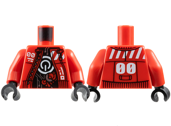 Torso Jacket Open with White '00' and Danger Stripes over Power Button Logo and Silver Circuitry on Black Background Pattern / Red Arms / Black Hands